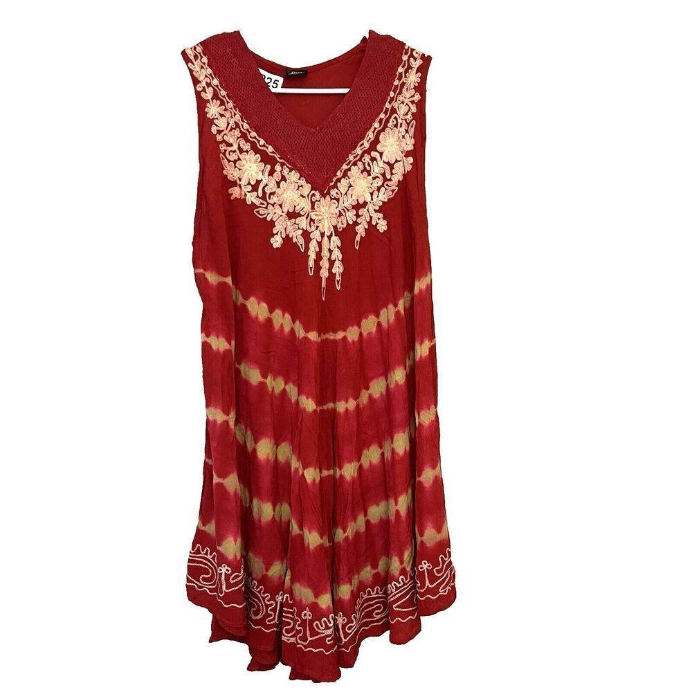 Fashion Force Dress Red Boho Popover Beach Cover Up Sundress Free Size Hippie OS